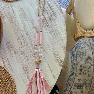 Pink Beaded Tassel Necklace with Sari Tassel- Women Jewelry